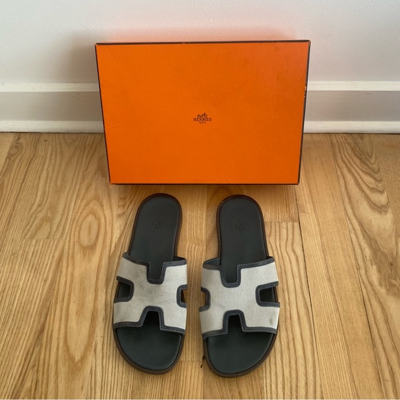 Hermes Other - Hermes Izmir Leather Canvas H Sandal Blue Grey